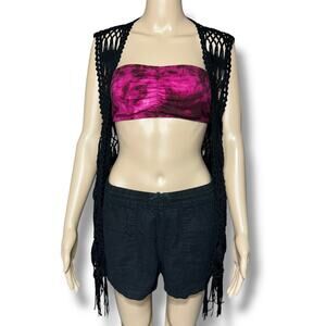 Staccato Womens Crochet Cardigan Sweater Fringe Open Knit Sleeveless Black S M